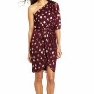 Adrianna Papell One-Shoulder Burgundy Dress with Gold Dot Accents